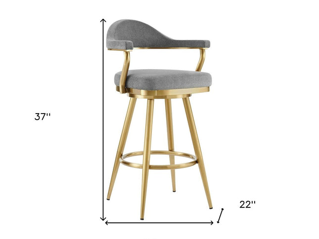 26" Gray and Gold Fabric and Stainless Steel Counter Height Swivel Bar Chair