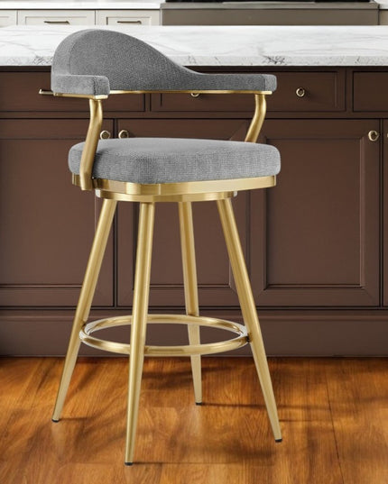 26" Gray and Gold Fabric and Stainless Steel Counter Height Swivel Bar Chair
