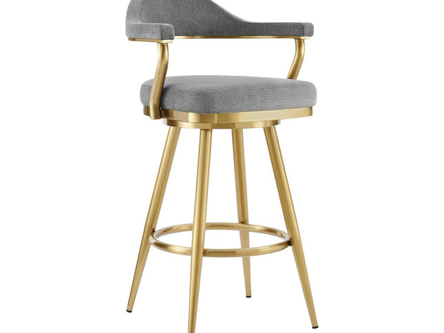 26" Gray and Gold Fabric and Stainless Steel Counter Height Swivel Bar Chair