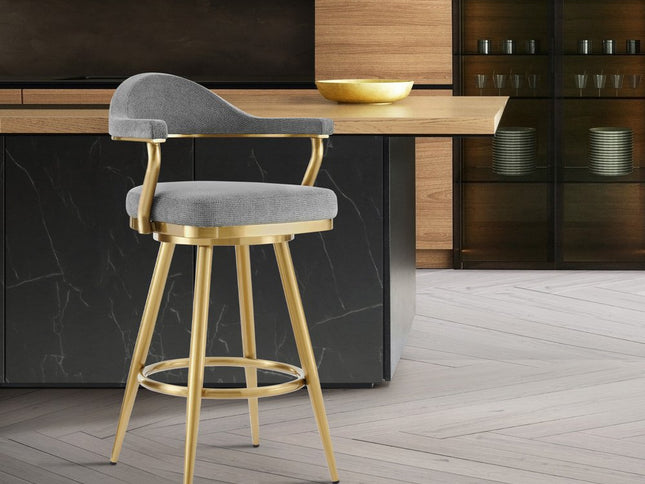 26" Gray and Gold Fabric and Stainless Steel Counter Height Swivel Bar Chair