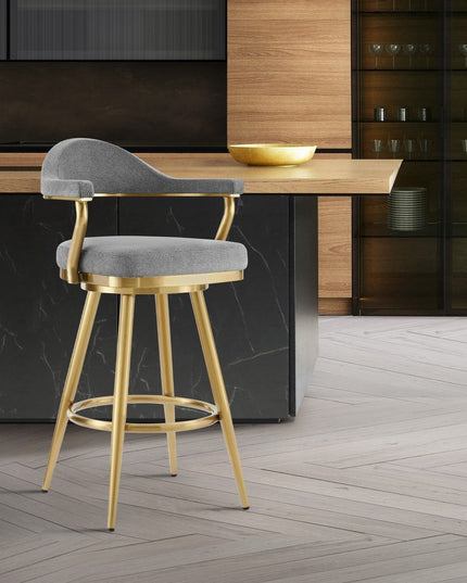 26" Gray and Gold Fabric and Stainless Steel Counter Height Swivel Bar Chair
