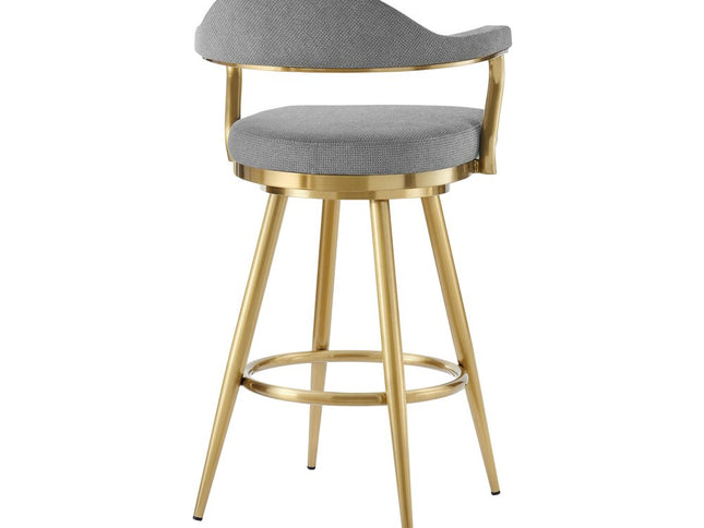 26" Gray and Gold Fabric and Stainless Steel Counter Height Swivel Bar Chair