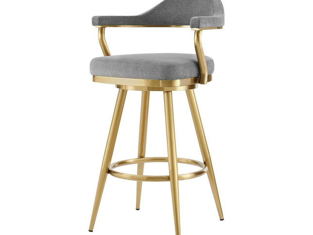 30" Gray and Gold Fabric and Stainless Steel Low Back Bar Height Swivel Bar Chair