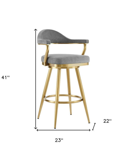 30" Gray and Gold Fabric and Stainless Steel Low Back Bar Height Swivel Bar Chair