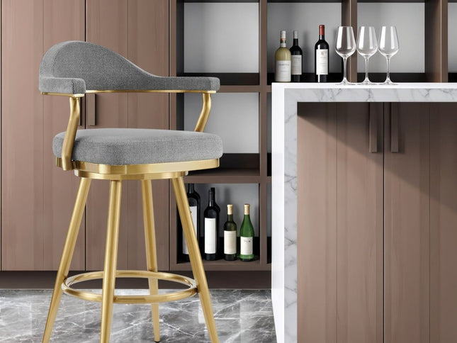 30" Gray and Gold Fabric and Stainless Steel Low Back Bar Height Swivel Bar Chair