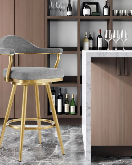 30" Gray and Gold Fabric and Stainless Steel Low Back Bar Height Swivel Bar Chair