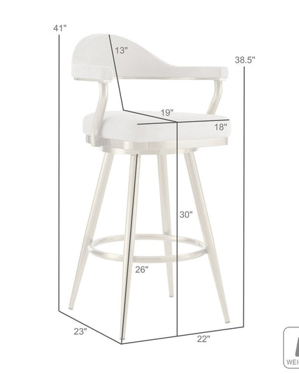 30" Gray and Gold Fabric and Stainless Steel Low Back Bar Height Swivel Bar Chair