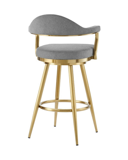 30" Gray and Gold Fabric and Stainless Steel Low Back Bar Height Swivel Bar Chair