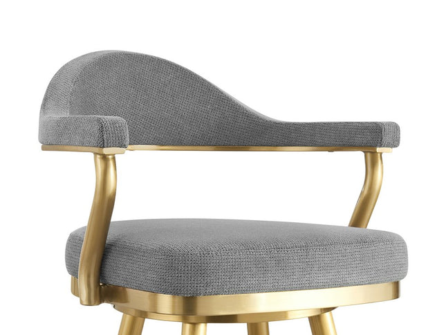 30" Gray and Gold Fabric and Stainless Steel Low Back Bar Height Swivel Bar Chair