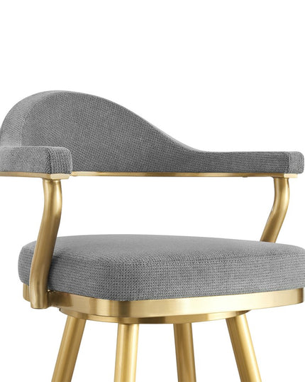 30" Gray and Gold Fabric and Stainless Steel Low Back Bar Height Swivel Bar Chair
