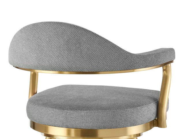 30" Gray and Gold Fabric and Stainless Steel Low Back Bar Height Swivel Bar Chair