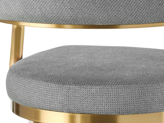 30" Gray and Gold Fabric and Stainless Steel Low Back Bar Height Swivel Bar Chair