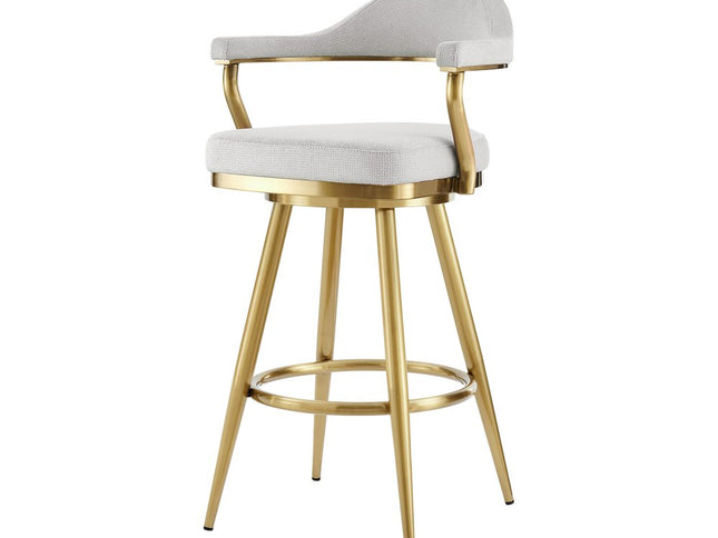 30" Silver and Gold Fabric and Stainless Steel Low Back Bar Height Swivel Bar Chair