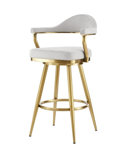 30" Silver and Gold Fabric and Stainless Steel Low Back Bar Height Swivel Bar Chair