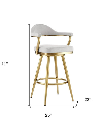 30" Silver and Gold Fabric and Stainless Steel Low Back Bar Height Swivel Bar Chair