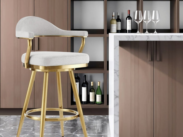 30" Silver and Gold Fabric and Stainless Steel Low Back Bar Height Swivel Bar Chair