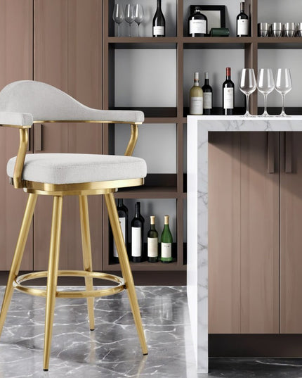 30" Silver and Gold Fabric and Stainless Steel Low Back Bar Height Swivel Bar Chair