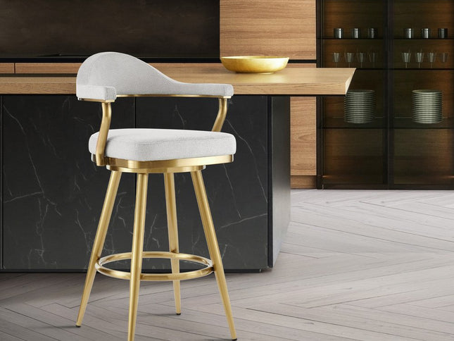 30" Silver and Gold Fabric and Stainless Steel Low Back Bar Height Swivel Bar Chair