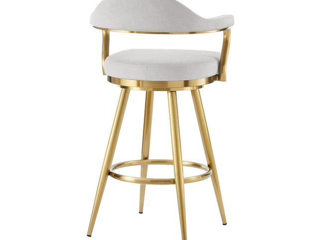 30" Silver and Gold Fabric and Stainless Steel Low Back Bar Height Swivel Bar Chair