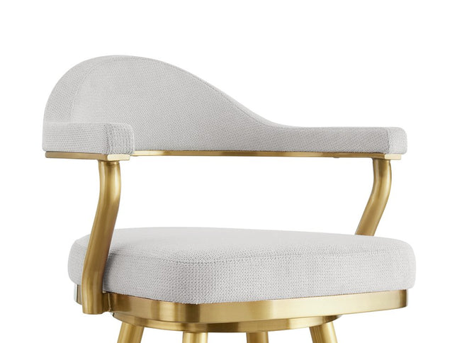 30" Silver and Gold Fabric and Stainless Steel Low Back Bar Height Swivel Bar Chair