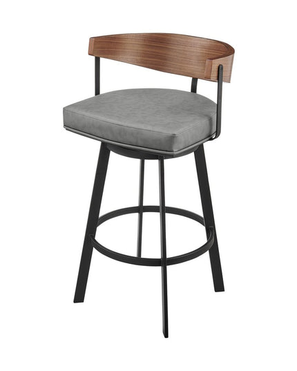 26" Gray Brown and Black Faux Leather and Iron Low Back Counter Height Swivel Bar Chair
