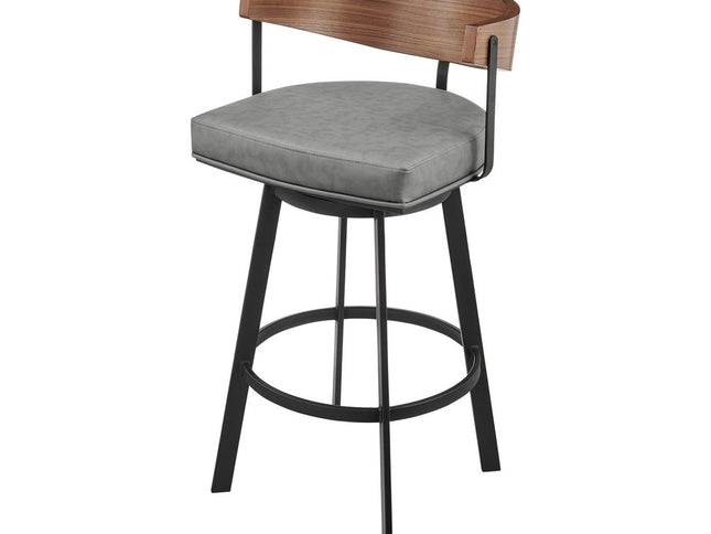 26" Gray Brown and Black Faux Leather and Iron Low Back Counter Height Swivel Bar Chair