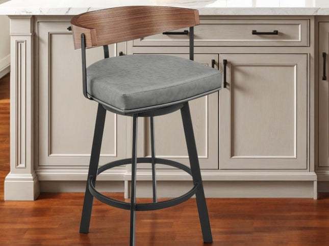 26" Gray Brown and Black Faux Leather and Iron Low Back Counter Height Swivel Bar Chair