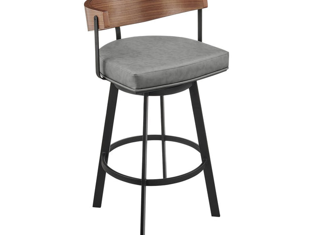 26" Gray Brown and Black Faux Leather and Iron Low Back Counter Height Swivel Bar Chair