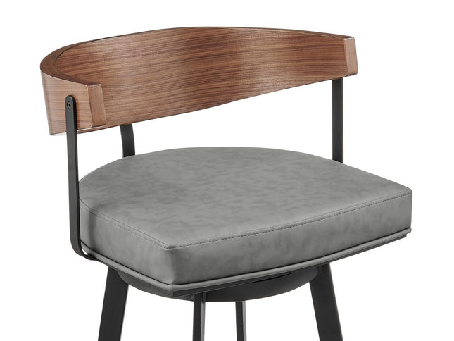 26" Gray Brown and Black Faux Leather and Iron Low Back Counter Height Swivel Bar Chair