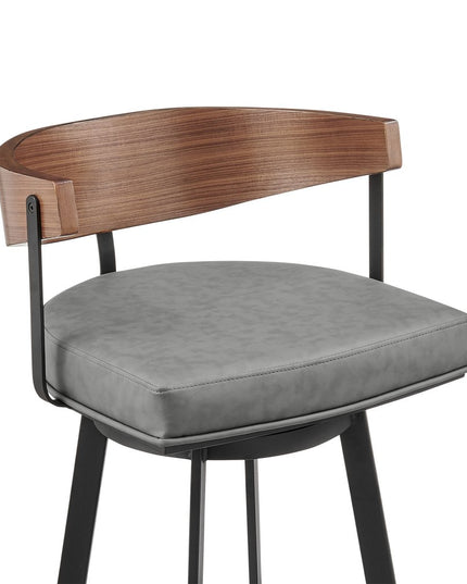 26" Gray Brown and Black Faux Leather and Iron Low Back Counter Height Swivel Bar Chair