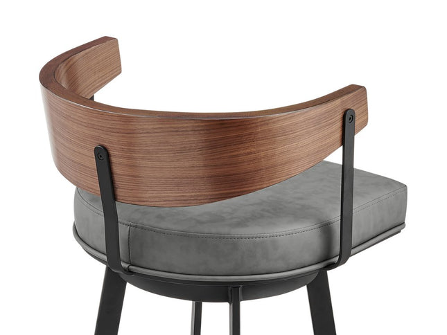 26" Gray Brown and Black Faux Leather and Iron Low Back Counter Height Swivel Bar Chair