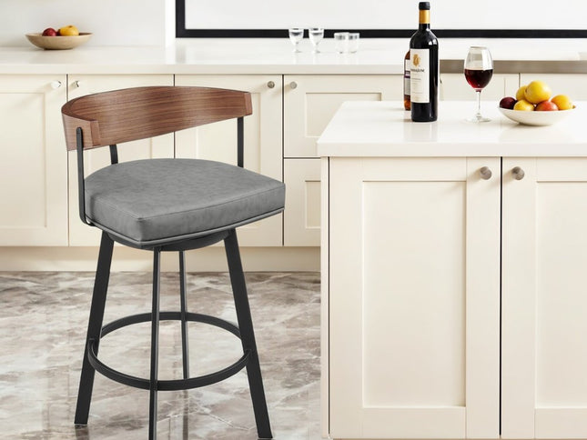 30" Gray Brown and Black Faux Leather and Iron Low Back Bar Height Swivel Bar Chair