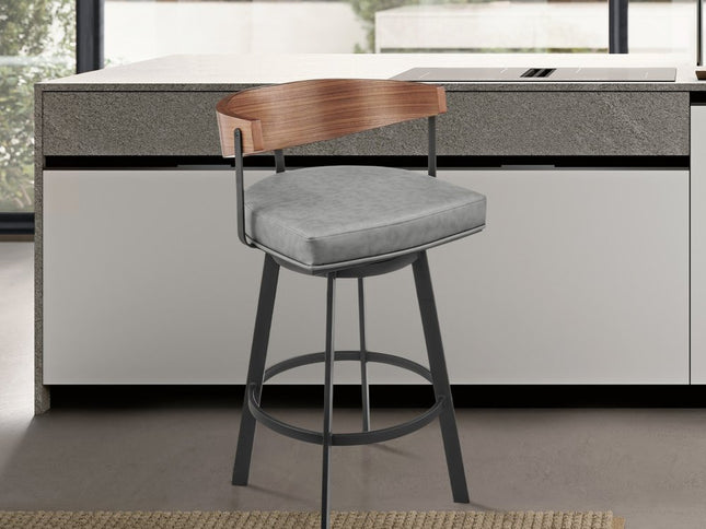 30" Gray Brown and Black Faux Leather and Iron Low Back Bar Height Swivel Bar Chair