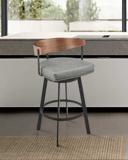 30" Gray Brown and Black Faux Leather and Iron Low Back Bar Height Swivel Bar Chair