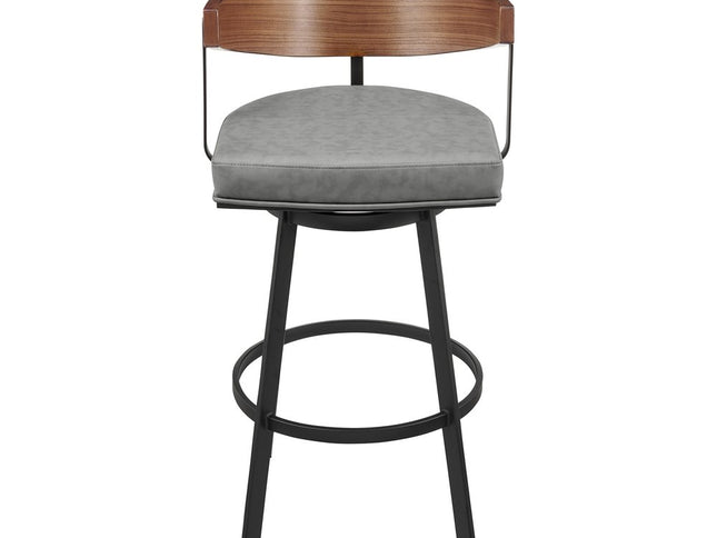 30" Gray Brown and Black Faux Leather and Iron Low Back Bar Height Swivel Bar Chair