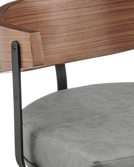 30" Gray Brown and Black Faux Leather and Iron Low Back Bar Height Swivel Bar Chair