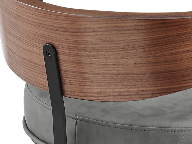 30" Gray Brown and Black Faux Leather and Iron Low Back Bar Height Swivel Bar Chair