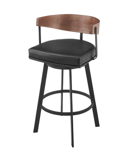 26" Black and Brown Faux Leather and Iron Low Back Counter Height Swivel Bar Chair