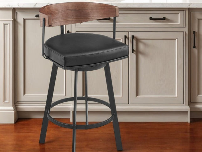 26" Black and Brown Faux Leather and Iron Low Back Counter Height Swivel Bar Chair
