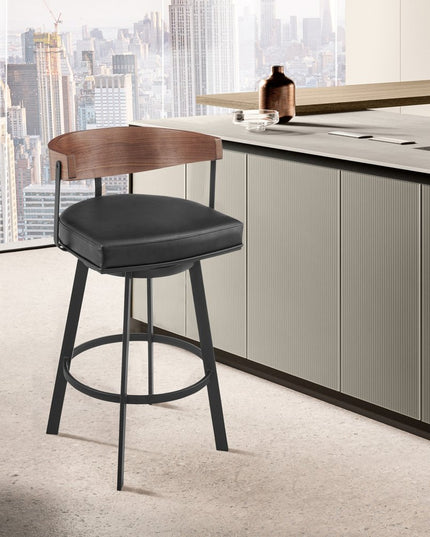 26" Black and Brown Faux Leather and Iron Low Back Counter Height Swivel Bar Chair