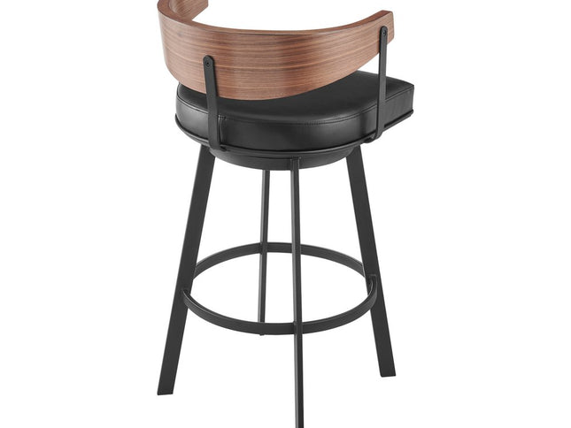 26" Black and Brown Faux Leather and Iron Low Back Counter Height Swivel Bar Chair