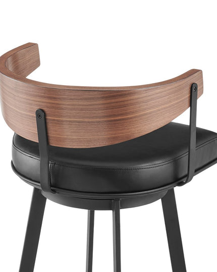 26" Black and Brown Faux Leather and Iron Low Back Counter Height Swivel Bar Chair