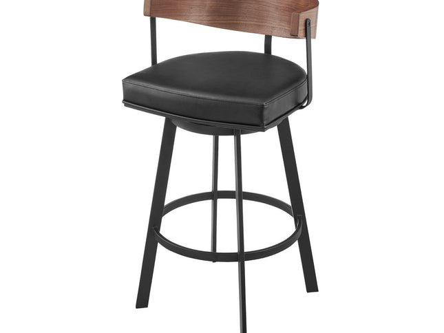 30" Black and Brown Faux Leather and Iron Low Back Bar Height Swivel Bar Chair