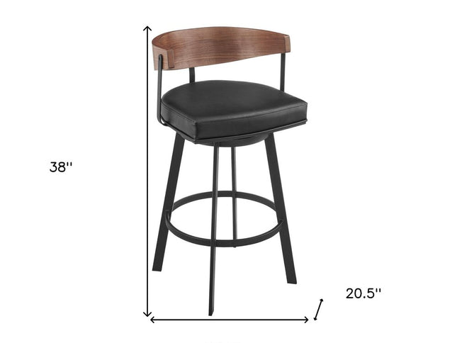 30" Black and Brown Faux Leather and Iron Low Back Bar Height Swivel Bar Chair