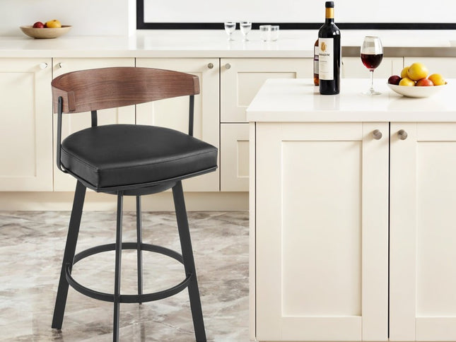 30" Black and Brown Faux Leather and Iron Low Back Bar Height Swivel Bar Chair