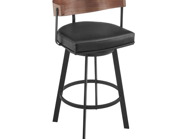 30" Black and Brown Faux Leather and Iron Low Back Bar Height Swivel Bar Chair