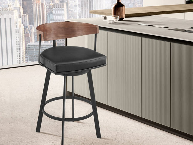 30" Black and Brown Faux Leather and Iron Low Back Bar Height Swivel Bar Chair