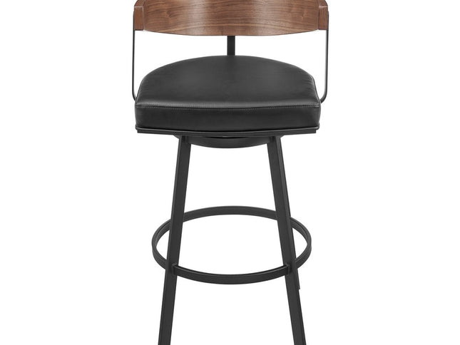 30" Black and Brown Faux Leather and Iron Low Back Bar Height Swivel Bar Chair
