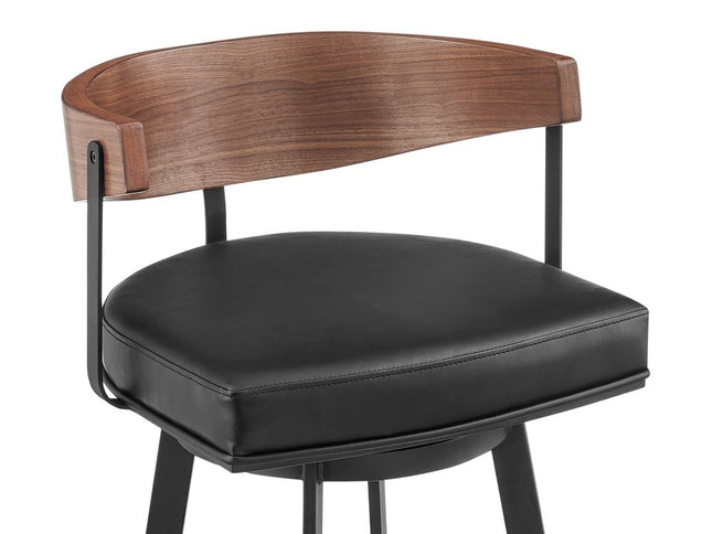 30" Black and Brown Faux Leather and Iron Low Back Bar Height Swivel Bar Chair