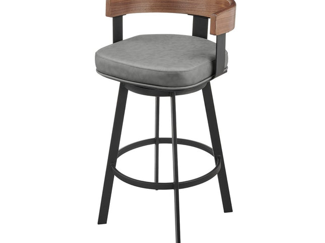 30" Gray Brown and Black Faux Leather and Iron Low Back Bar Height Swivel Bar Chair